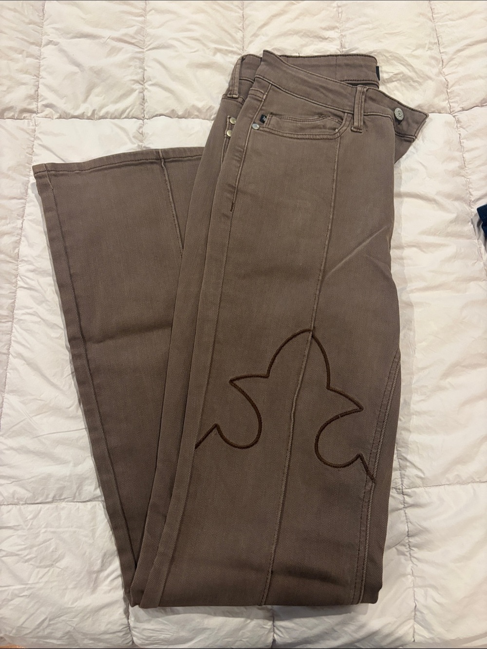 Judy Blue Taupe Wide-Leg Flare Jeans with Embroidered Side Motif